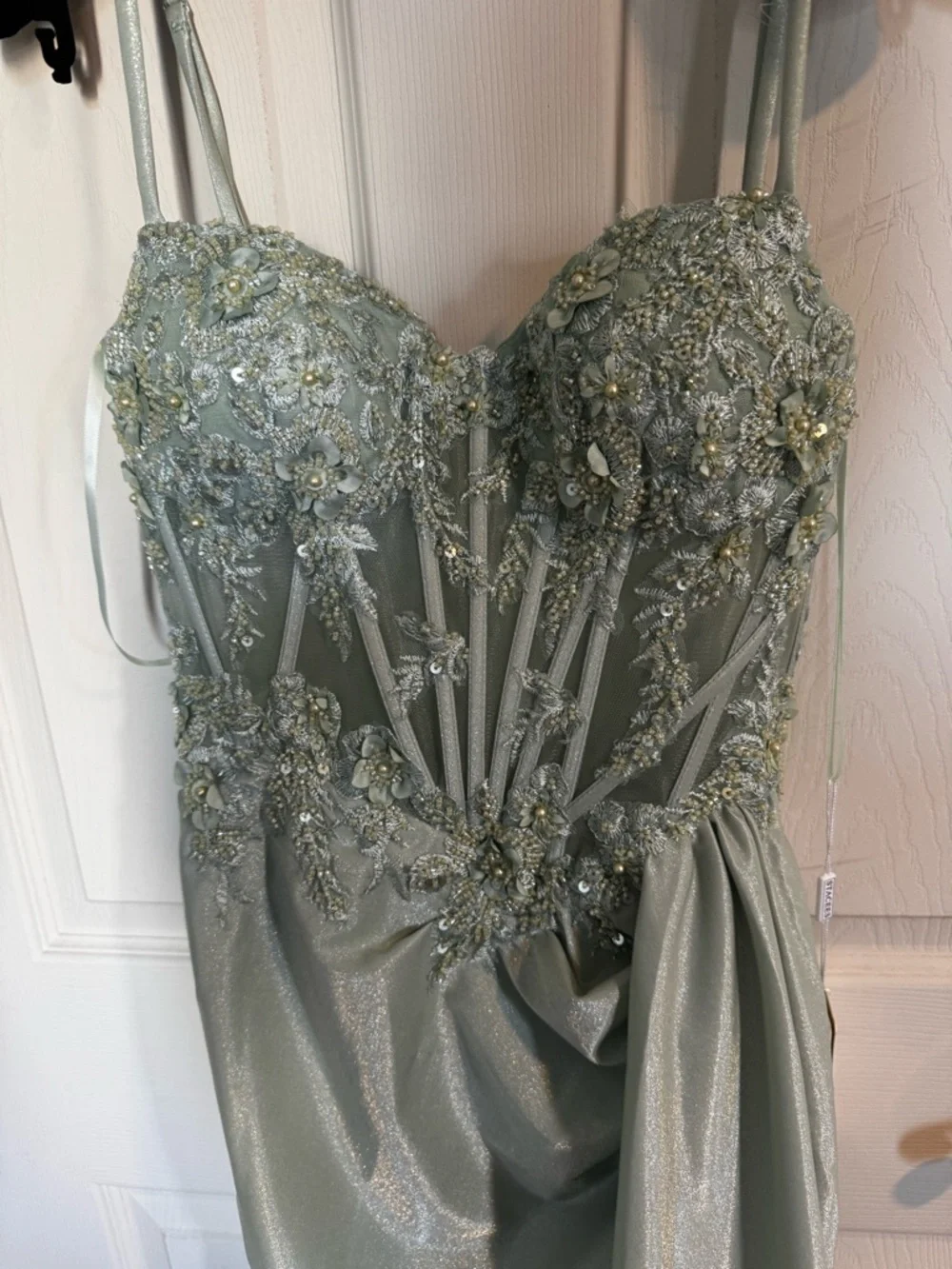 Mermaid V Neck Sheer Beaded Corset Slit Prom Dress with Side Draping Sage NWT 0 - Picture 7 of 9
